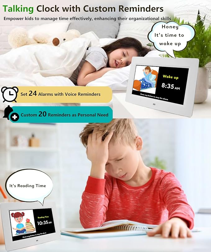 Véfaîî Digital Teaching Clock Talking Time, 24 Alarms Custom Reminders, Checklist to-Do List, Auto DST & Calendar Display, Sleep Trainer, Easy to Use for Kids Birthday Gift- White with Remote