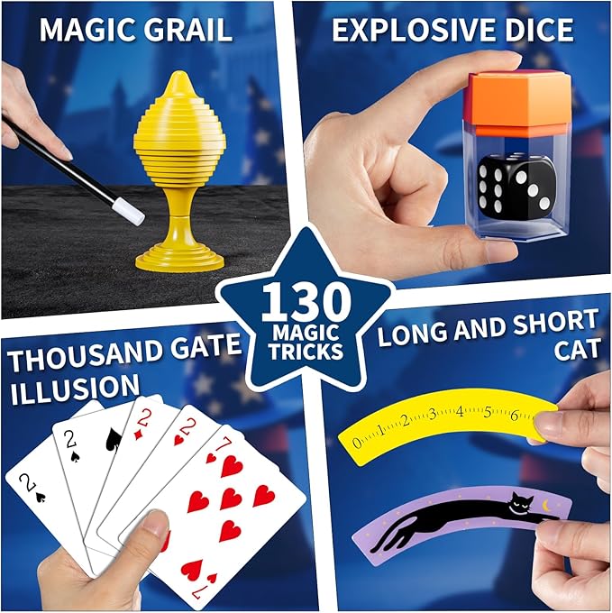 Magic Kit for Kids 6-8-10-12, 130 Magic Tricks Set for Kids with Magician Costume and Magic Wand, Halloween Christmas Birthday Gifts Toys Magic Set for Ages 6 7 8 9 10 11 12 Years Old Boys Girls Kids