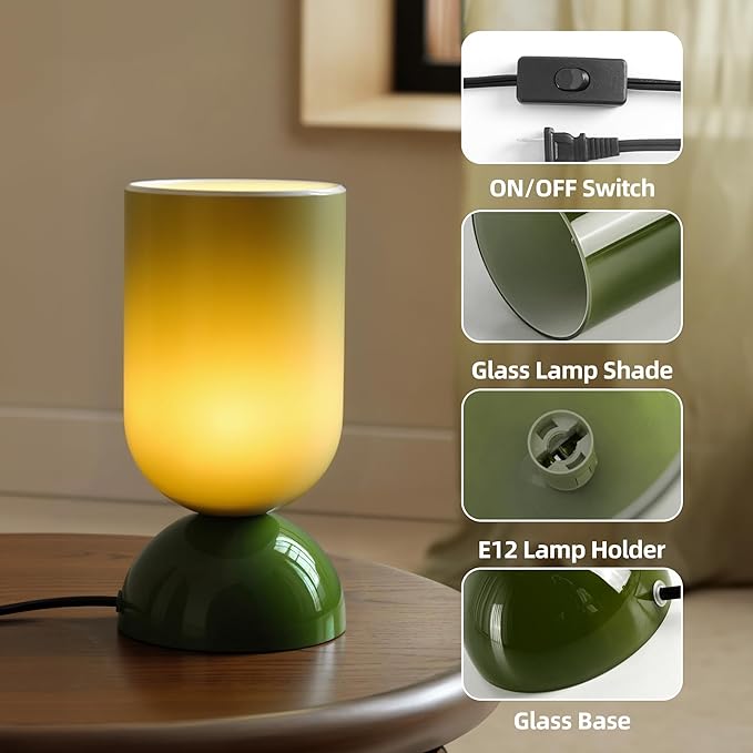 8.9" Modern Glass Table Lamp for Living Room, Desk Lamps for Bedroom, UL Listed Nightstand Lamp with Dome Base, End Table Lamps for Kids Room, Side Tables, College Dorm, Office, Glossy Green