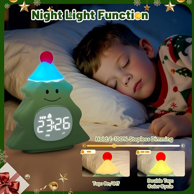 Christmas Tree Kids Alarm Clock, Digital Alarm Clock for Children with Snooze, 5 Ringtones, 8 Volume Levels, Gentle Night Light Timer, Easy-to-Read Display, Fun Holiday Wake Up Clock Gift
