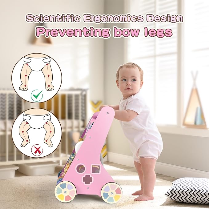 LOL-FUN Wooden Baby Walker for Girls with Wheels, Push Walker for Girl 6-12 Months, Pink Baby Push Toy for 1 Year Old Walking