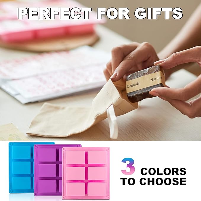 2 Pack Silicone Soap Molds, 6 Cavities Rectangle Silicone Soap Molds, Great for Homemade Craft Soap Mold, Chocolate Mold, Cake Mold ＆ Ice Cube Tray - Just Pop Out（Purple)