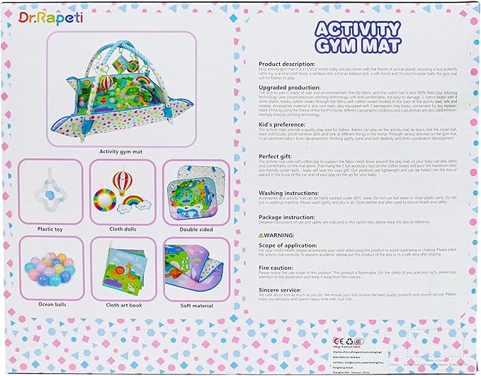 Dr.Rapeti Baby Play Gym Mat Animal Planet with Ball Pit Activity Gym Center Tummy Time Mat Thickened Mat Sensory Exploration Motor Skill Development for Newborn Infant Baby Toddler for 0+