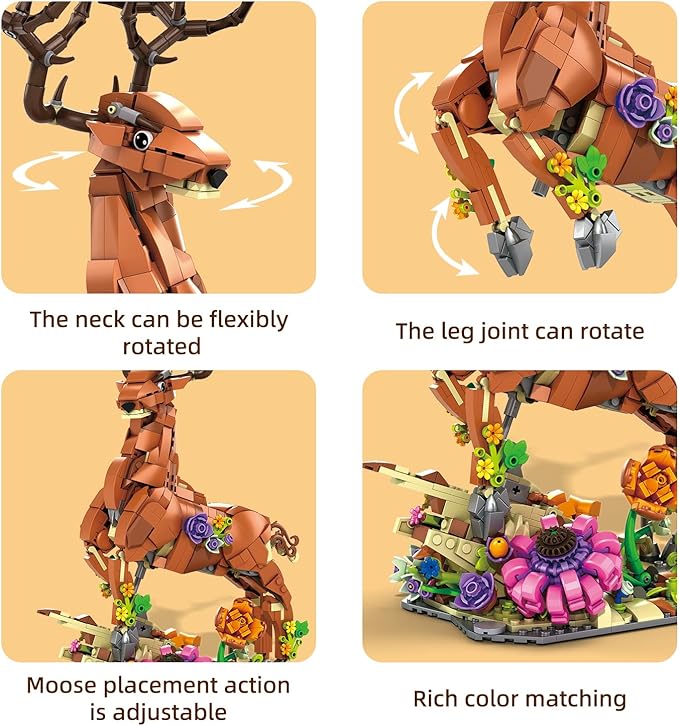 2 in 1 sika Deer&Unicorn Animals Building Decorations Set,Animal Blocks Flowering shrubsToys Suitable for Boys and Girls Age 6+ Year Old Desktop Decoration