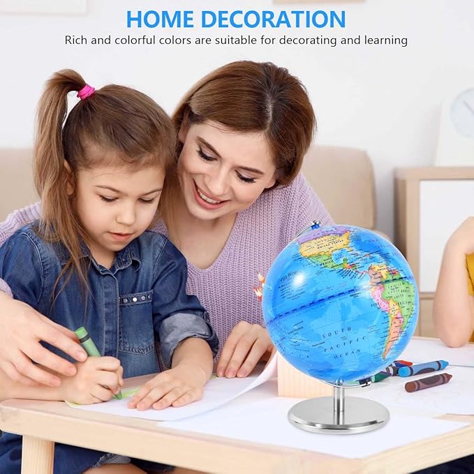 8 Inch World Globe Rotating Earth Spinning Globe with Heavy Metal Stand for Kids Geography Classroom Education or Office Home Decorations