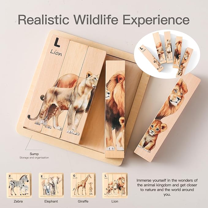Wooden Safari Animals Learning Puzzle Set, 4-in-1 Block Puzzles for Toddlers 18 Months+, Educational Montessori Toys with Storage Tray