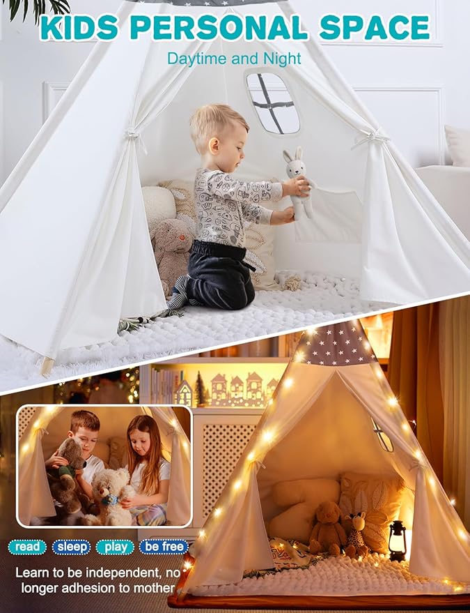 Sumbababy Teepee Tent for Kids Slumber Party - Cotton Canvas Foldable Kids Tent Indoor with Light & Flag Play House Outdoor - Toddler Tipi Playroom for Girls Gift Toys - Tee Pee Tents(Stars Design)