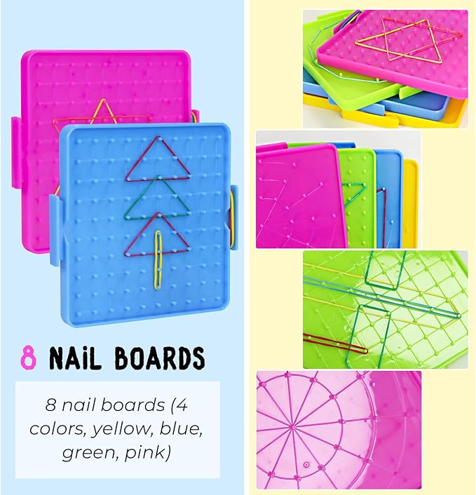 8 Pack Plastic Mathematical Manipulative Material Array Block Geo Board with 80 Latex Bands for Kids(4 Colors)