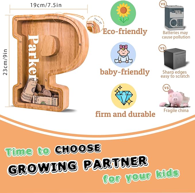 Wooden Letter Piggy Bank for Kids Larger Letter Piggy Bank for Boys and Girls Personalized Piggy Bank Initial Coin Bank Wood Kids Money Bank for Birthday and Festival