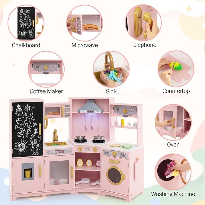 GLACER Corner Wooden Play Kitchen for Kids, Large Pretend Play Kitchen Playset with Sound, Light, Chalkboard, Microwave, Ice Maker, Washing Machine, Accessories, Toy Kitchen Set for Ages 3+ (Pink)