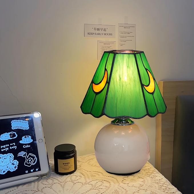 Mushroom Lamp Tiffany Stained Glass Moon lamp Cute Small Bedside Table Lamps for Living Room Home Decor,Girls Women Birthday Christmas Thanksgiving Day Gift,(Green)