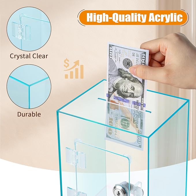 Hicocool Clear Piggy Bank with Lock, Acrylic Piggy Bank for Adults Kids Openable, Reusable Money Saving Box with Key for Birthday (Cyan)