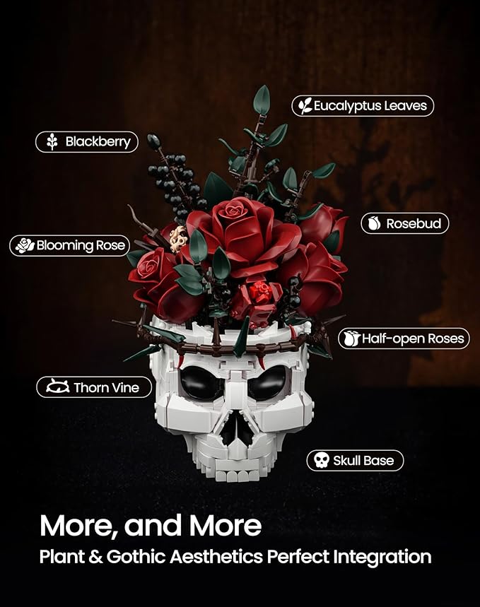 iATOM Halloween Skull Rose Bouquet Building Set, Flowers Botanical Collection Kit for Adults - Gothic Horror Skeleton Plant Pot Home Table Centerpiece Decor - Halloween, IA11008