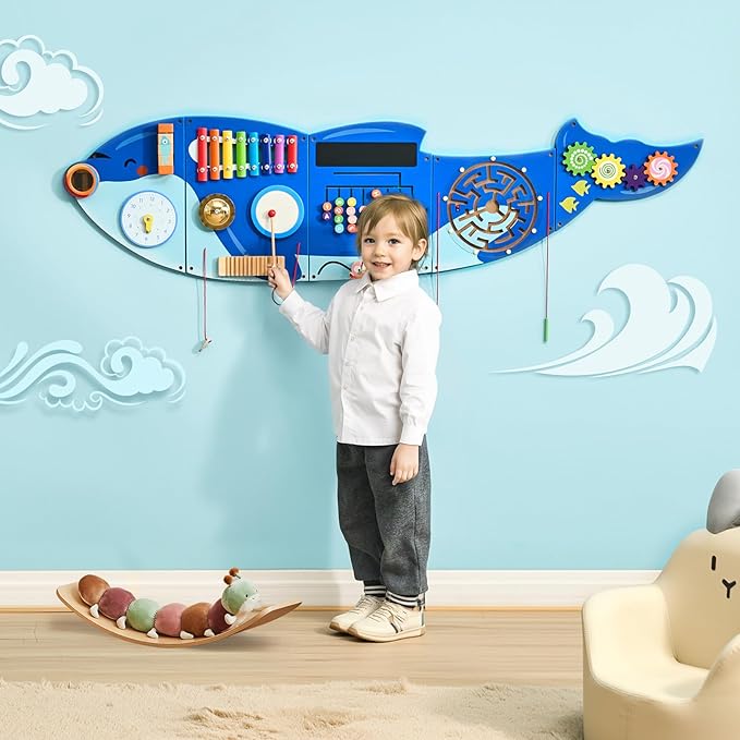 VEVOR Orca Activity Busy Board Wall, 12 Activities Board, Montessori Sensory Wall Panel for Kids 3-12 Years, Sensory Activity Panel, Ideal for Toddler Playroom Nursery Classroom