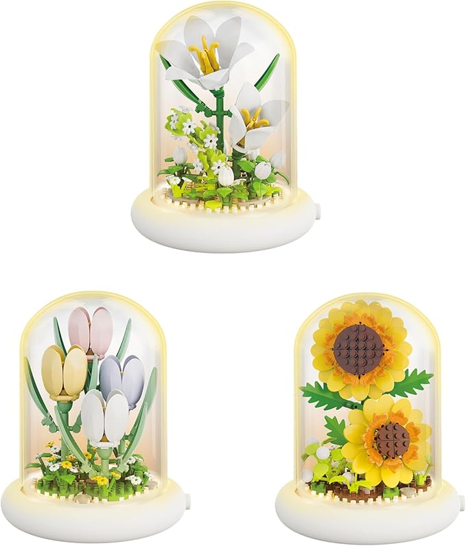 Botanical Flower Micro Blocks Set for Adults and Teens,600 PCS Mini Bricks Artificial Flowers with Light for Birthday and Gift, Lily, Sunflower and Tulip
