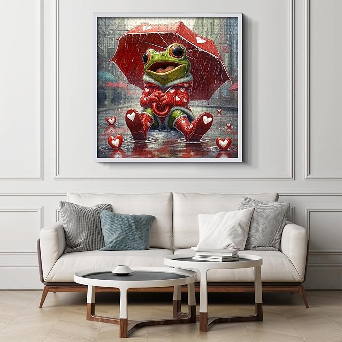 Cute Frog Puzzles for Adults 1000 Pieces, PICKFORU Happy Rain Fun Jigsaw Puzzle Umbrella, Challenging Colorful Love Hearts Theme as Art Decor