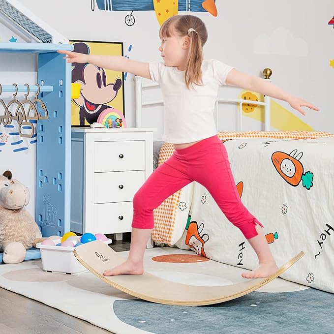 Goplus Wobble Board, 35Inch Wooden Balance Board for Kids & Adults Support 660LBS, Toddler Open-Ended Learning Toy Yoga Curvy Rocker Board for Balance Training, Home Exercise (12 INCH Width)