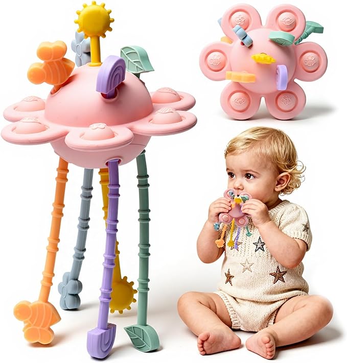 Silicone Baby Sensory Montessori Toys & Pull String Teething Toys for 6-12-18 Months, Toddler Birthday Gift Car Seat Airplane Travel Toy for 1 2 Year Old Boy Girl Infant 8 9 10 Months Old (Pink)