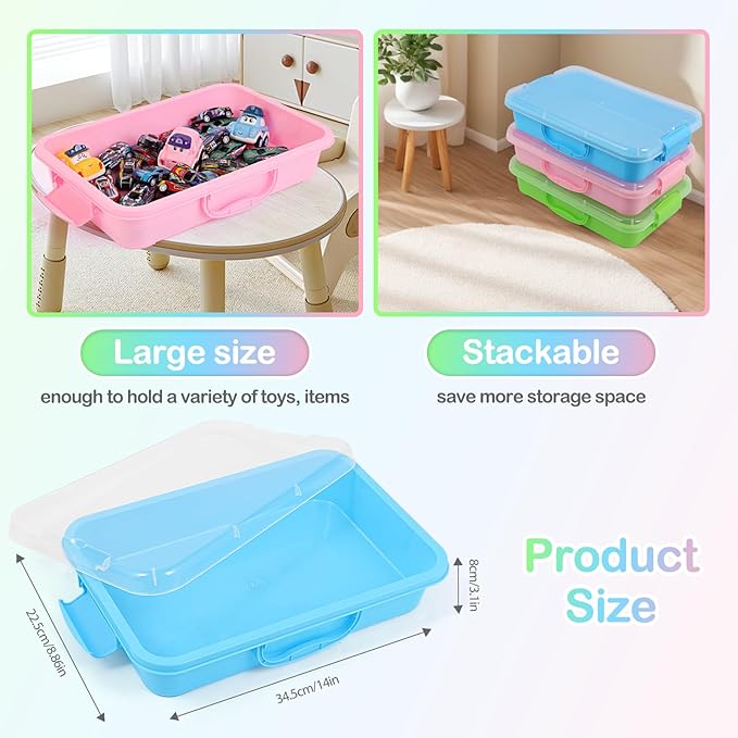 3 Pcs Sensory Bin Sand Tray with Lid & 3 Stickers, Stackable Plastic Storage Containers, Portable Sandbox Toy, Organizers for Toys, Sand, Arts, Crafts (Blue, Green, Pink)