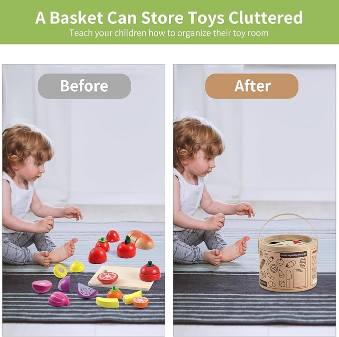 WHOHOLL Wooden Play Food for Kids Play Kitchen Accessories Playset with Basket, Pretend Cutting Food Montessori Toys for 3 4 5 6 Year Old, Velcro Vegetables Fruits Toys Gifts for Fine Motor Skills