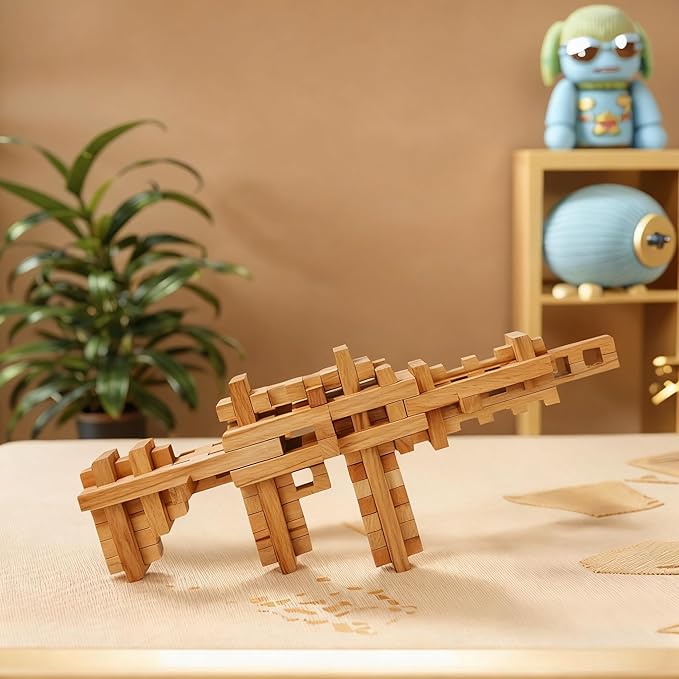 Toy Gun Educational Wooden Building Blocks - 53 Pcs Assembled into 10+ Various Shapes, STEM Toy Gift for Kids, Building Toys for Ages 5+ and Adults