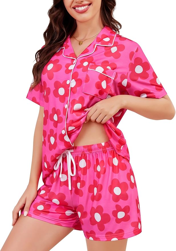 SWOMOG Womens Button Down Pajamas Set Short Sleeve Sleepwear Bride Soft Pj Lounge Sets XS-3XL