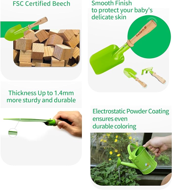 Kids Metal Gardening Tools Set, Childrens Gardening Tool Kit with Canvas Tote Bag and Metal Watering Can, Metal Hand Rake, Trowel and Shovel, FSC Certified Wood