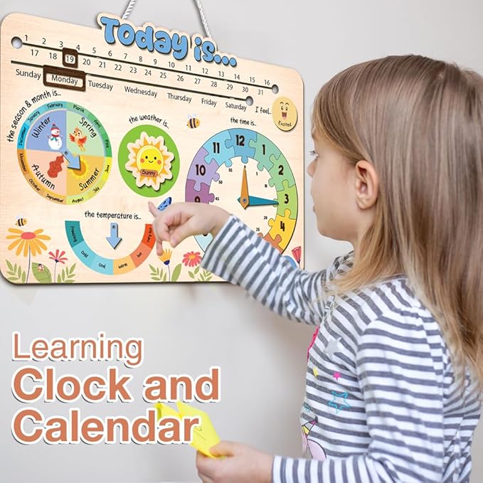 Interactive Calendar for Kids Ages 3+, Wooden Toddler Calendar, Teaching Seasons, Years, Months, Days of Week, Daily Activity Calendars for Kid Preschool & Homeschool (10 x 14 inches)