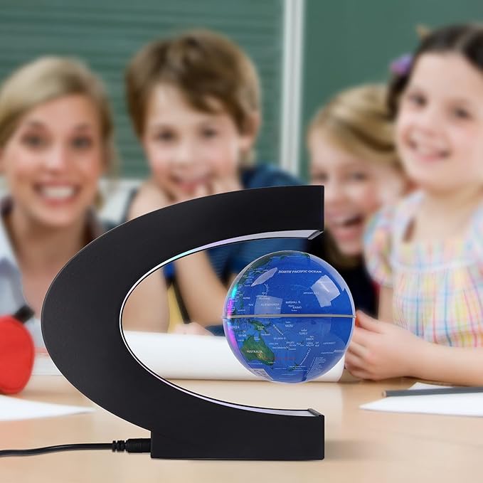 Floating Globe with Colored LED Lights C Shape Anti Gravity Magnetic Levitation Rotating World Map with Touch Switch for Gift Home Office Desk Decoration with Switch (Blue)