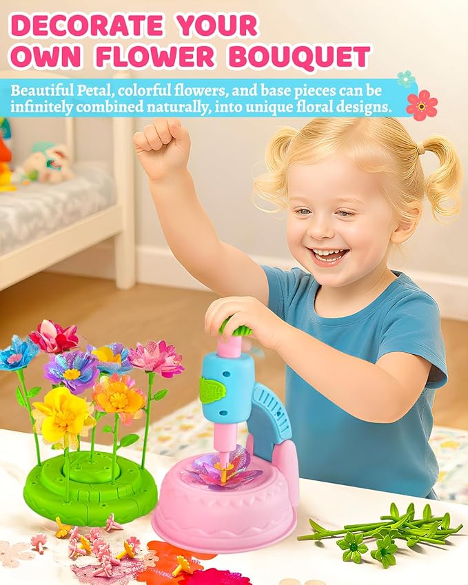 DIY Art Flower Toys Include Extra Accessories Set, Arts and Crafts Activity Kit for Kids, Flower Garden Building Toys for Girls, Birthday Gifts for 3 4 5 6 7 8 9 10 11 12 Year Old Girls (Pink)
