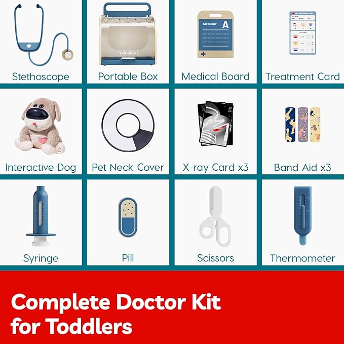 TOP BRIGHT Doctor Kit for Toddlers 3-5, Pretend Play Doctor Toys with Sounds & Reactions, Electronic Interactive Stuffed Dog Vet Kit, Pet Care Play Set Birthday Gifts for Girls Boys 3 4 5