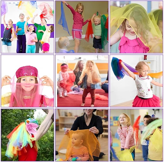 Juggling Scarves, Dance Scarves for Kids Play 12 PCS Square Silk Scarf Music Performance Props for Toddlers Children