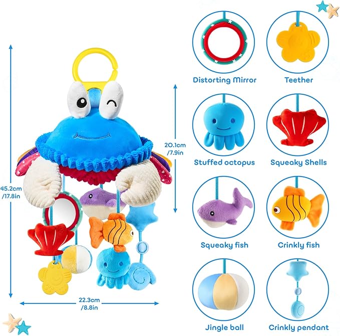 Car Seat Toys for Babies 0-6 Months, Hanging Baby Activity Toy for Stroller, Crib & Gym, Tummy Time Sensory Crab Plush Toys for Newborn, 0 3 6 9 12 M Clip-On Montessor Toy, Baby Boy Girl Gifts