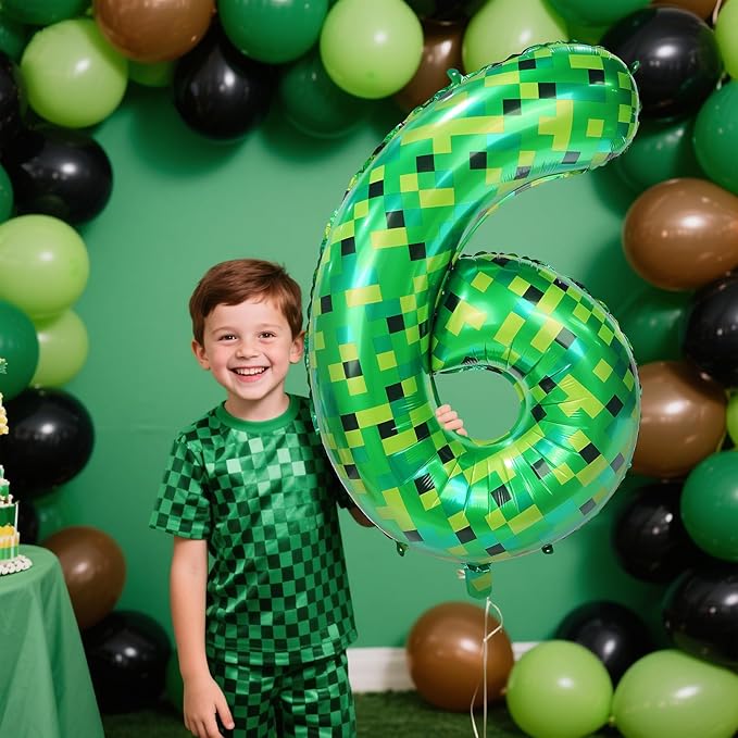 40in Pixel Giant Number 6 Balloon Birthday Decorations, Miner Theme Green Foil Balloons Blast Gaming Party Supplies