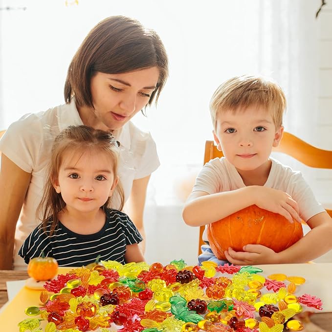 Draupnir Fall vase Filler,162 Pcs Sensory bin Filler Acrylic Pumpkin Leaves Acorn Gems Corn Fall Sensory bin Items for Thanksgiving Home Table Scatters Decoration Thanksgiving Craft Vase Fillers