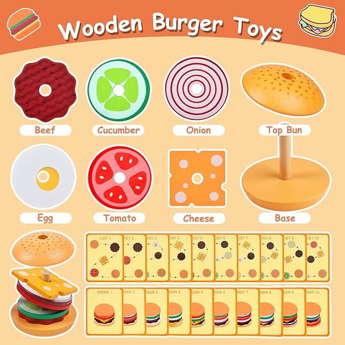 Wooden Burger Toys Montessori Toys for Toddlers Preschool Education Activity Board Game Early-Education Matching Speed Race Pretend Toy Food Back to School (Burger)