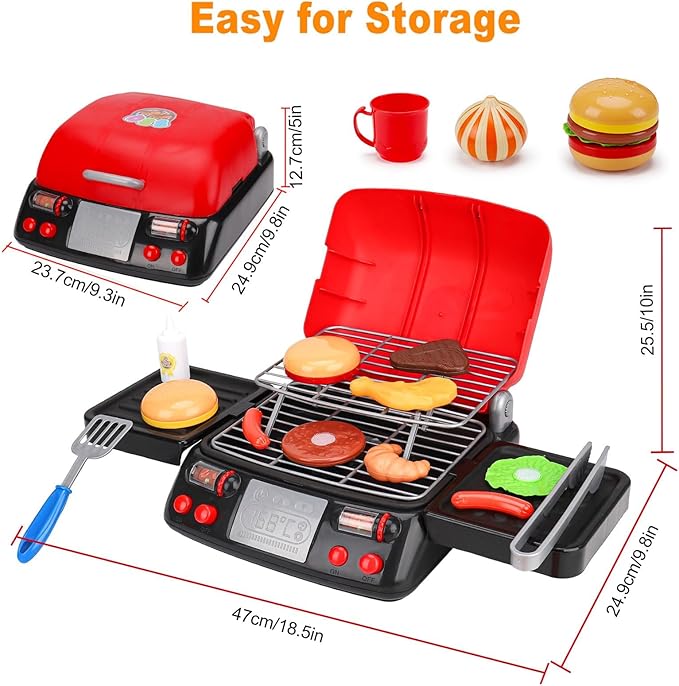 Kids Grill Playset Kitchen Toys with Apron Hat for Cooking Food Smoke Light Outdoor Pretend Play Accessories 3-5 4-8 BBQ Outside Camping Barbecue Toddler Boy Toy 3 4 5 6 Year Old Birthday Gift