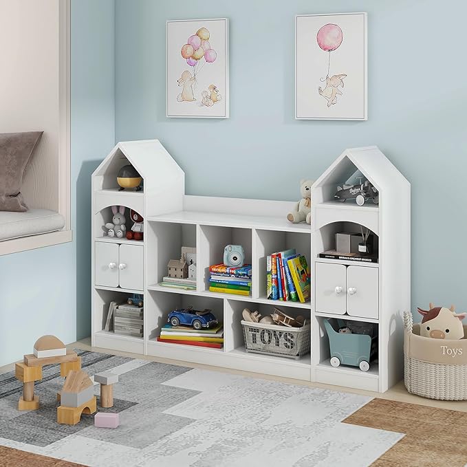 Vabches Kids Bookcase and Toy Storage Cabinet, Children Bookshelf, Castle Shape, Playroom Furniture Multipurpose Shelf for Toddlers to Organize Toys and Books Magic Castle, Cool White
