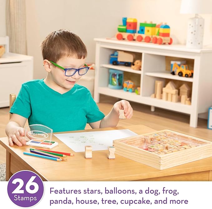 Melissa & Doug Wooden Stamp Set, Favorite Things - 26 Wooden Stamps, 4-Color Stamp Pad