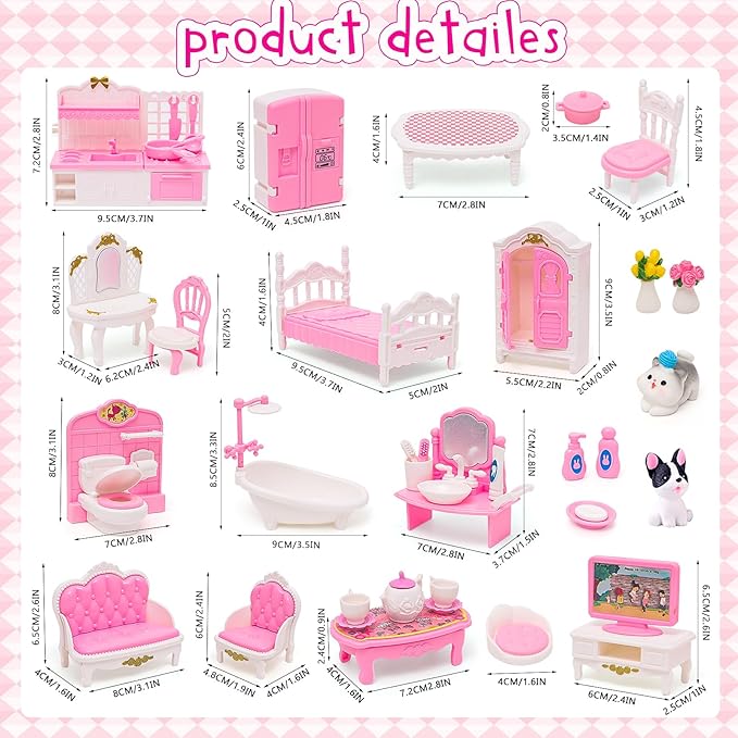 45 Pcs Dollhouse Furniture Set Accessories Doll House Mini Furniture Pretend Play Bedroom Living Room Bathroom Kitchen for Kids Birthday and Christmas Pink