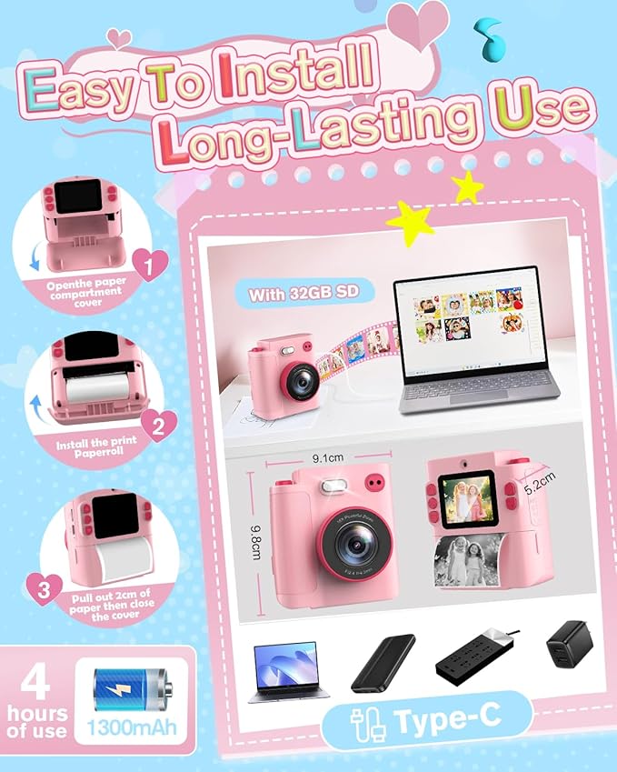 Instant Print Camera for Kids - 1080P HD Toddler Digital Camera for 3 4 5 6 7 8 9 10 Year Old Girls Boys, Christmas Birthday Gift with 32GB SD Card, Selfie Mode, Portable Travel Toy, Fun Filters- Pink