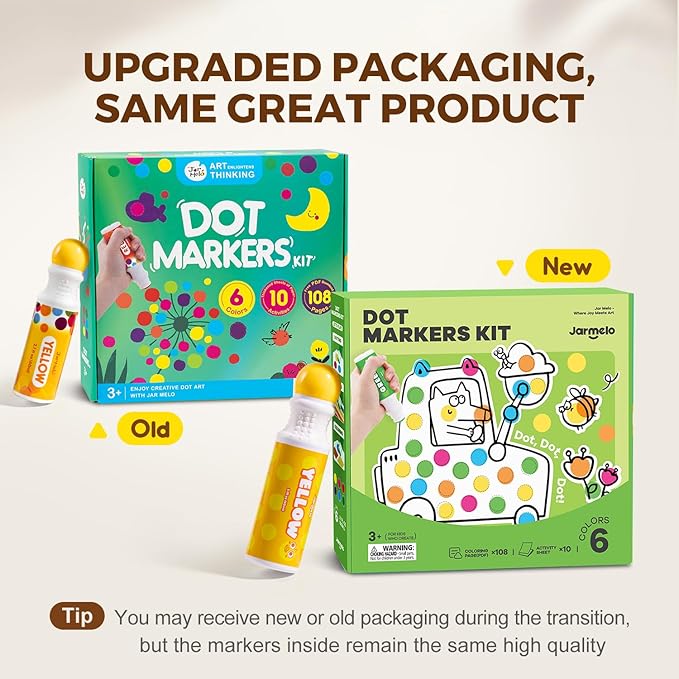Jar Melo Washable Dot Markers, 6 Colors Dot Paints with 108 PDF & 10 Physical Activity Papers, Non-Toxic Bingo Daubers for Toddlers 1-3 2-4