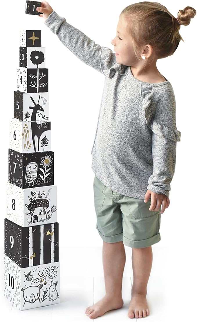 Wee Gallery Nesting Blocks, Stacking Toys for Toddlers and Kids, Educational Blocks with Numbers and Animal Illustrations for Motor Skills, Counting and Early Learning (Ages 2 & Up), Woodland Number