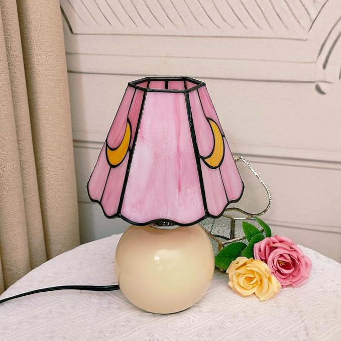 Mushroom Lamp Tiffany Stained Glass Moon lamp Cute Small Bedside Table Lamps for Living Room Home Decor,Girls Women Birthday Christmas Thanksgiving Day Gift,Pink