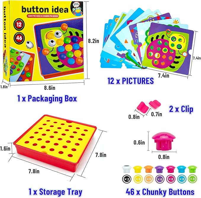 Button Art Toys for Toddlers, Color Matching Mosaic Pegboard for Age 3-5,Early Preschool Learning Activity Button Crafts Educational Toys, Fine Motor Skills Game, Gifts for Boys & Girls 3+