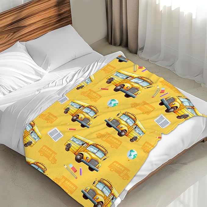 Kids School Bus Blanket Gift Cute Decor Throw Blankets for Boys, 40x50 Inches Lightweight Warm Flannel All Season Throw for Sofa Couch Bed Office
