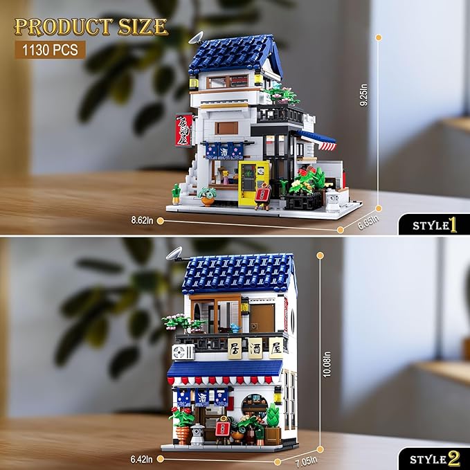 Reobrix Japanese Izakaya Shop Building Blocks 66502, 2 in 1 Creative Street View House Building Kit with Lighting Set, Japanese Architecture Home Office Decor, Ideal Gifts for Boys Girls Adults 14+