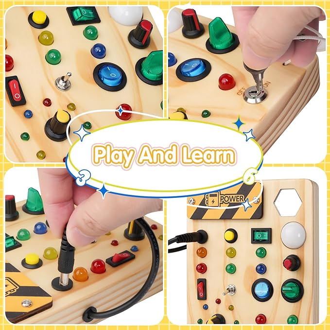 Montessori Busy Board Toys: Wooden Sensory Toy for Toddler with LED Light Up Switch, Educational/Christmas/Birthday Gifts for 1-3 Year Old Boys & Girls