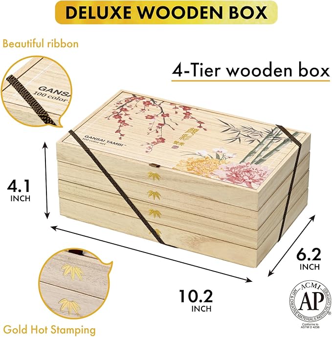 Kuretake GANSAI TAMBI Watercolor Paint Set 100 Colors with Wooden Box, Professional-quality art supplies for artists adult painting Non-Toxic, Made in Japan, MC20/100WD4