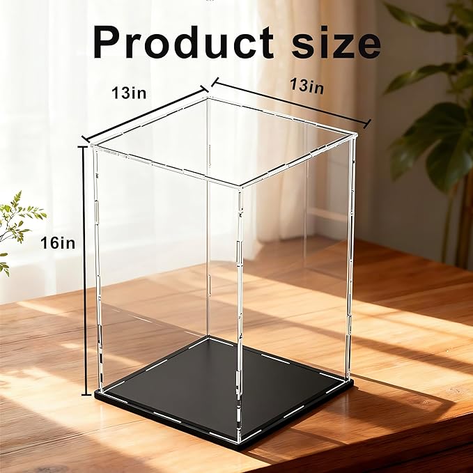 Large Acrylic Display Case for Figures, Clear Acrylic Box with Black Base for showcaseing Miniature, Toys, Collectables and Dolls 13 (L) × 13 (W) × 16 (H) inch